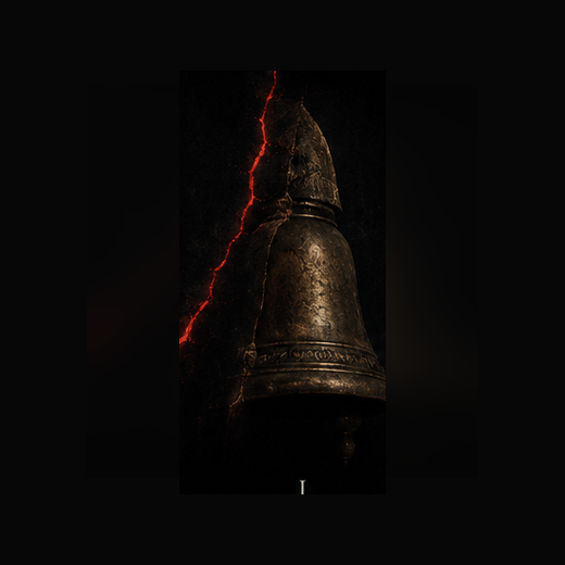 A weathered bell split by a glowing red fracture, artwork for FRAYALITY Volume I: The First Wounds.